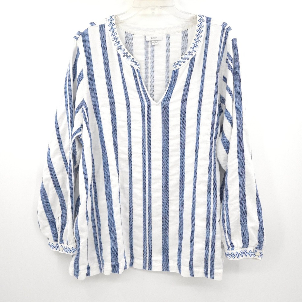 Pure Jill J. Jill Top Women 2X White Blue Striped Embroidered Cotton Tunic